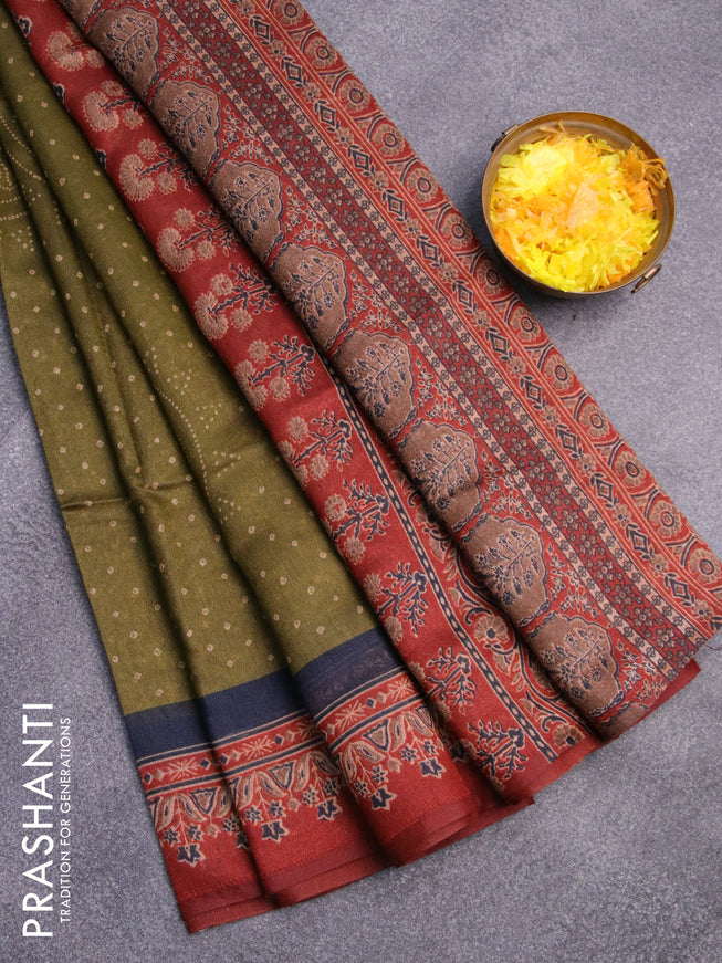 Semi linen saree mehendi green and rustic maroon with allover bandhani prints and ajrakh printed pallu