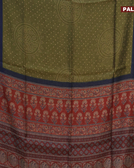 Semi linen saree mehendi green and rustic maroon with allover bandhani prints and ajrakh printed pallu