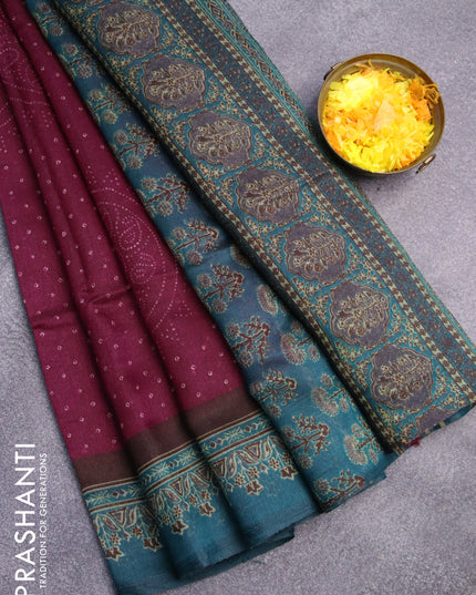 Semi linen saree magenta pink and peacock green with allover bandhani prints and ajrakh printed pallu