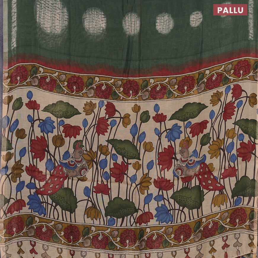 Semi linen saree sap green and beige with allover shibori prints and kalamkari printed pallu