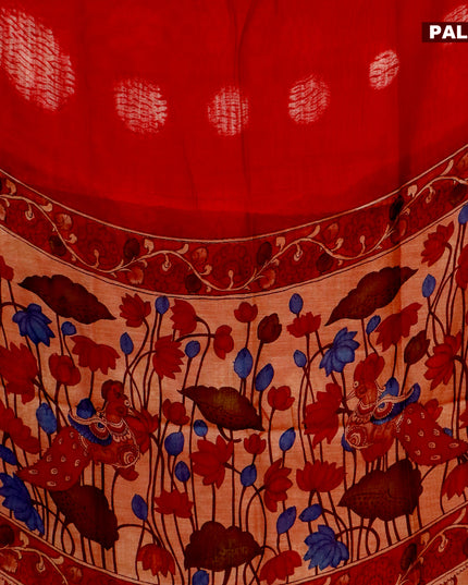 Semi linen saree red and beige with allover shibori prints and kalamkari printed pallu