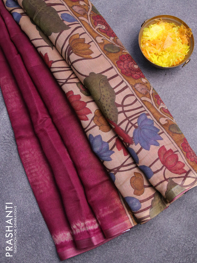 Semi linen saree dark magenta pink and beige with allover shibori prints and kalamkari printed pallu