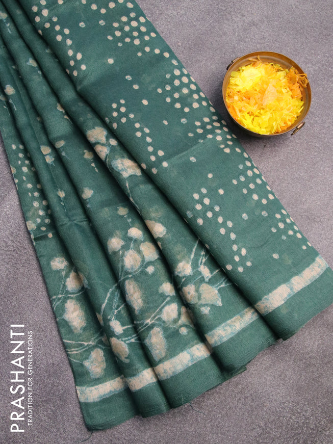 Semi linen saree pastel green with allover prints and simple border