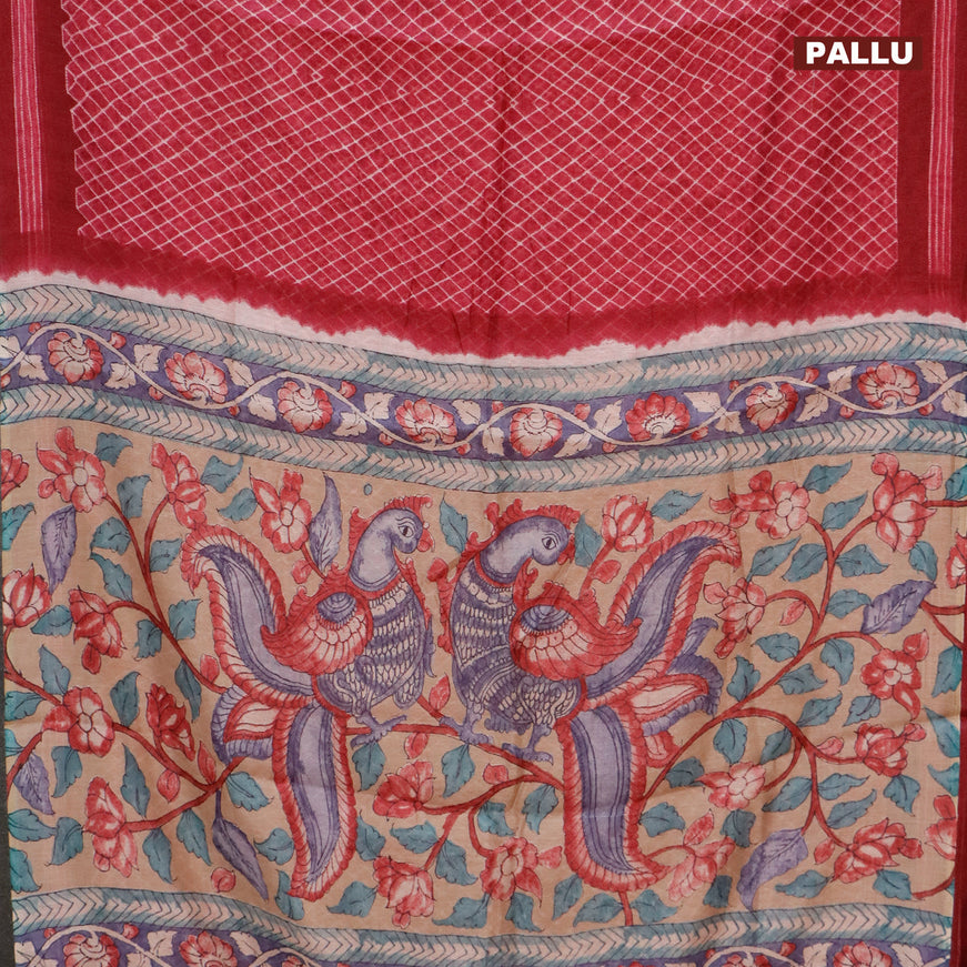 Semi linen saree maroon shade and sandal with allover geometric prints and kalamkari printed pallu