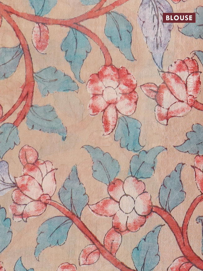 Semi linen saree maroon shade and sandal with allover geometric prints and kalamkari printed pallu