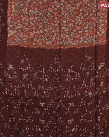 Semi linen saree rust shade with allover kalamkari prints and bandhani printed pallu