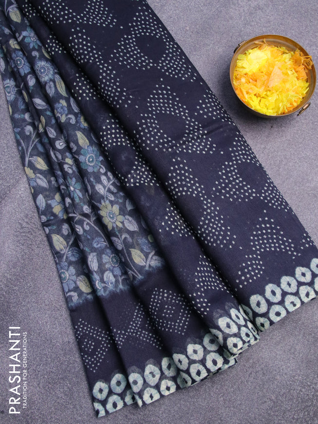 Semi linen saree elephant grey and peacock blue with allover kalamkari prints and bandhani printed pallu