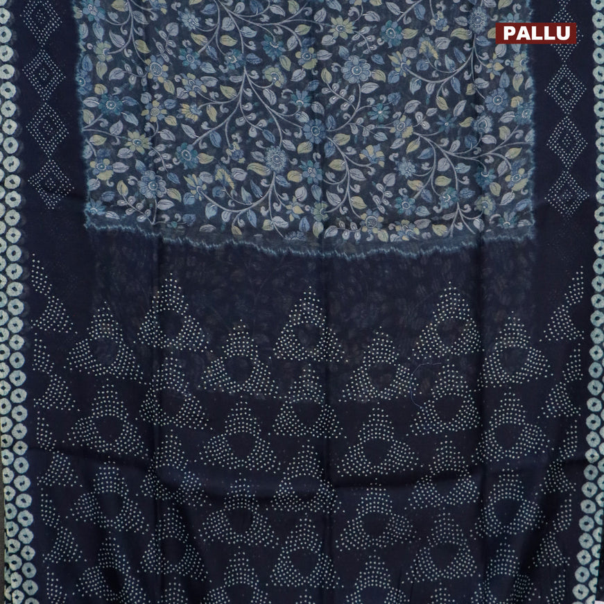 Semi linen saree elephant grey and peacock blue with allover kalamkari prints and bandhani printed pallu