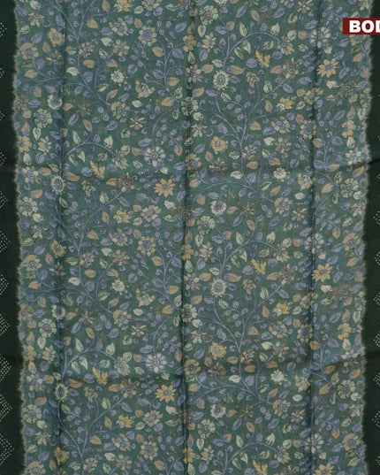 Semi linen saree pastel green and dark sap green with allover kalamkari prints and bandhani printed pallu