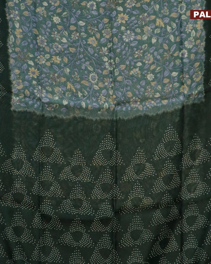Semi linen saree pastel green and dark sap green with allover kalamkari prints and bandhani printed pallu