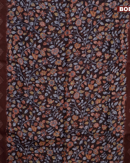 Semi linen saree coffee brown and deep maroon with allover kalamkari prints and bandhani printed pallu