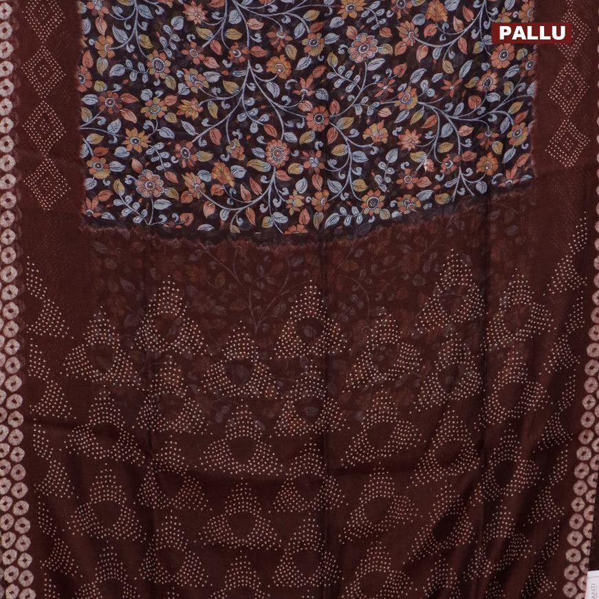 Semi linen saree coffee brown and deep maroon with allover kalamkari prints and bandhani printed pallu