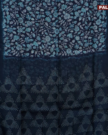 Semi linen saree blue and peacock blue with allover kalamkari prints and bandhani printed pallu