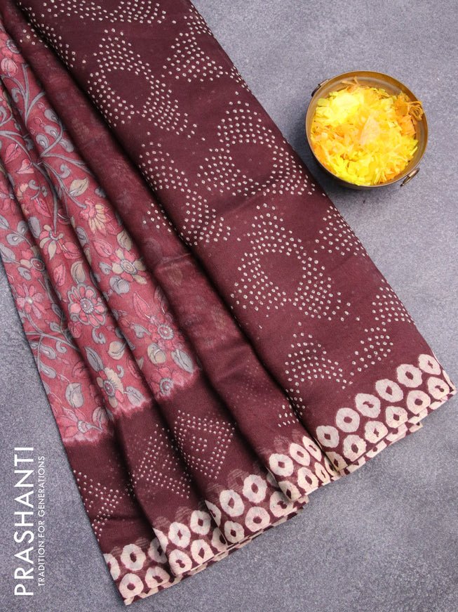 Semi linen saree maroon shade and brown with allover kalamkari prints and bandhani printed pallu