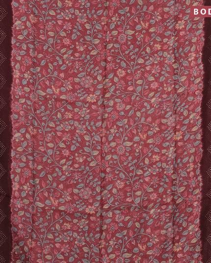 Semi linen saree maroon shade and brown with allover kalamkari prints and bandhani printed pallu