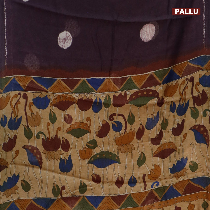 Semi linen saree deep coffee brown and sandal with butta prints and kalamkari printed pallu