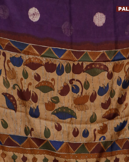 Semi linen saree deep violet and sandal with butta prints and kalamkari printed pallu