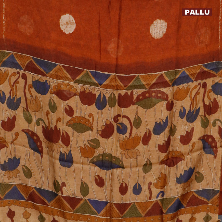 Semi linen saree rust shade and sandal with butta prints and kalamkari printed pallu