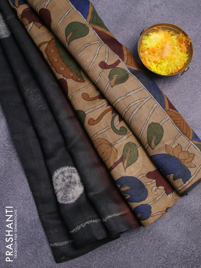 Semi linen saree dark elephant grey and sandal with butta prints and kalamkari printed pallu