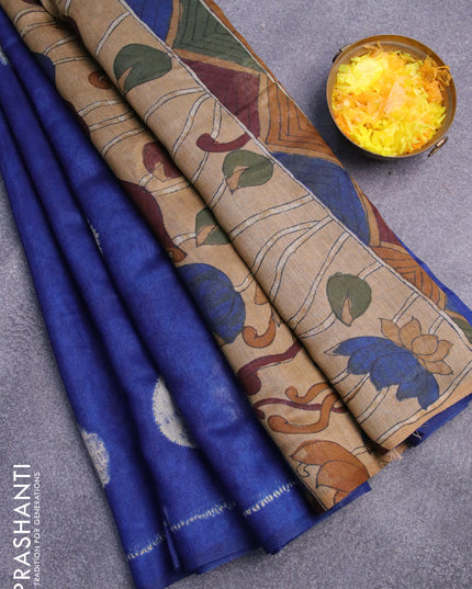 Semi linen saree royal blue and sandal with butta prints and kalamkari printed pallu