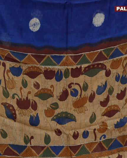 Semi linen saree royal blue and sandal with butta prints and kalamkari printed pallu