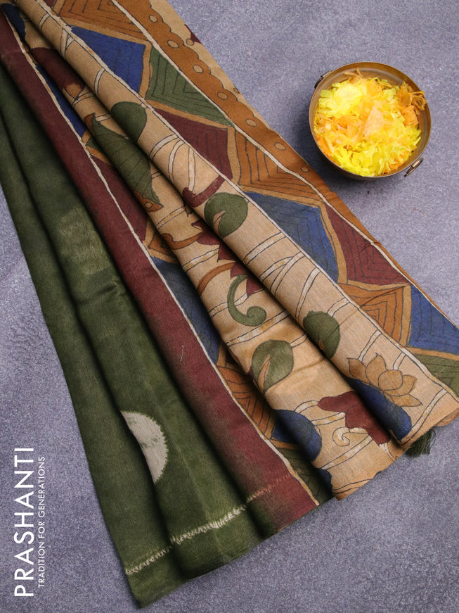Semi linen saree sap green and sandal with butta prints and kalamkari printed pallu