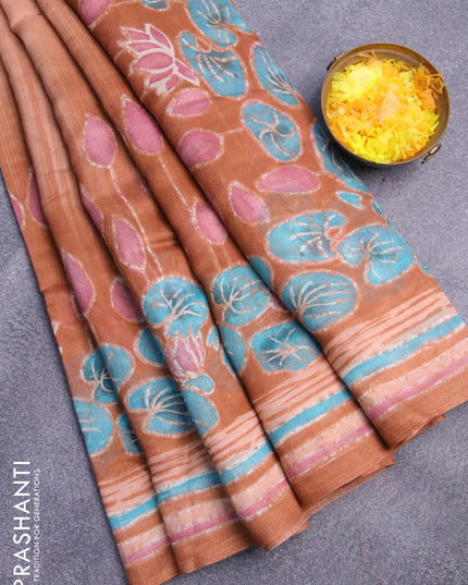 Semi linen saree peach shade with allover prints in borderless style