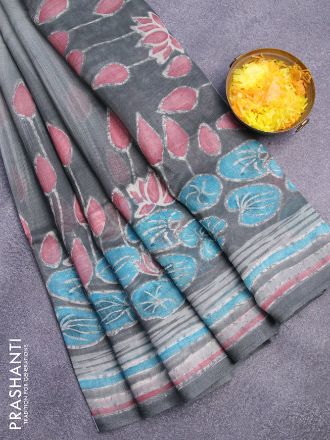 Semi linen saree grey shade with allover prints in borderless style