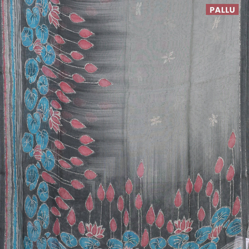 Semi linen saree grey shade with allover prints in borderless style