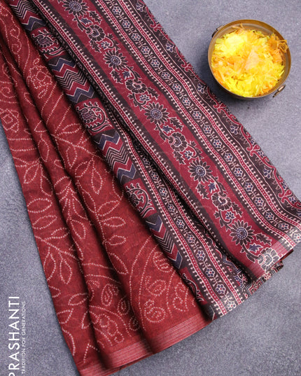 Semi linen saree rustic maoon and black with allover bandhani prints and ajrakh printed pallu