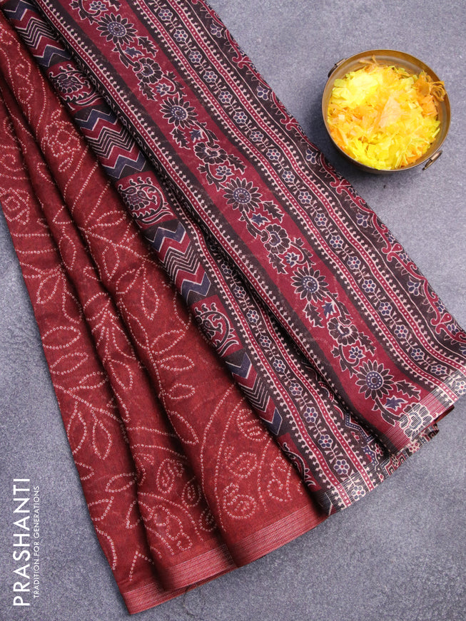 Semi linen saree rustic maoon and black with allover bandhani prints and ajrakh printed pallu