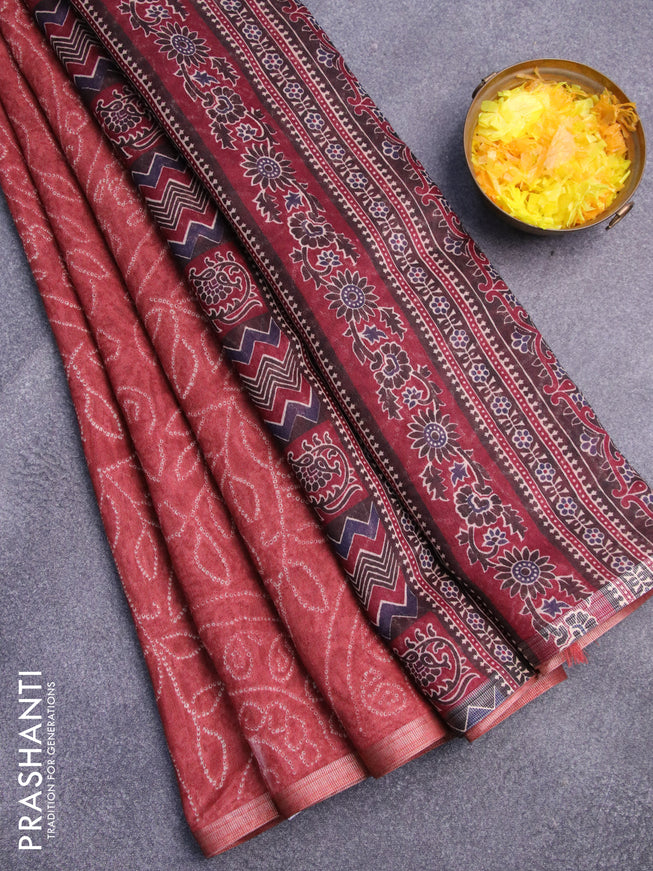 Semi linen saree maroon shade and black with allover bandhani prints and ajrakh printed pallu