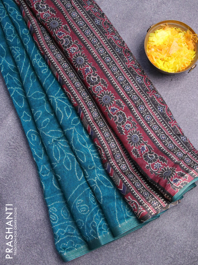 Semi linen saree teal blue and black with allover bandhani prints and ajrakh printed pallu