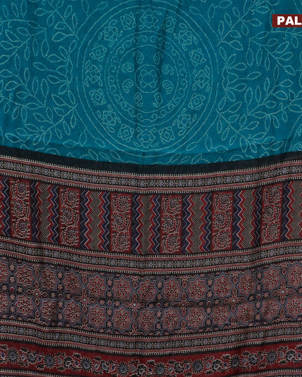 Semi linen saree teal blue and black with allover bandhani prints and ajrakh printed pallu