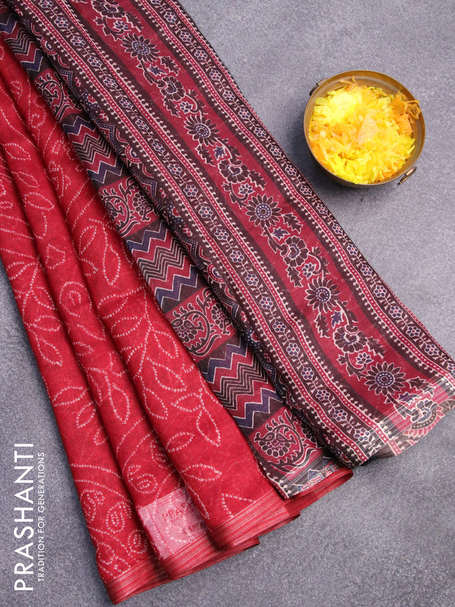 Semi linen saree maroon and black with allover bandhani prints and ajrakh printed pallu