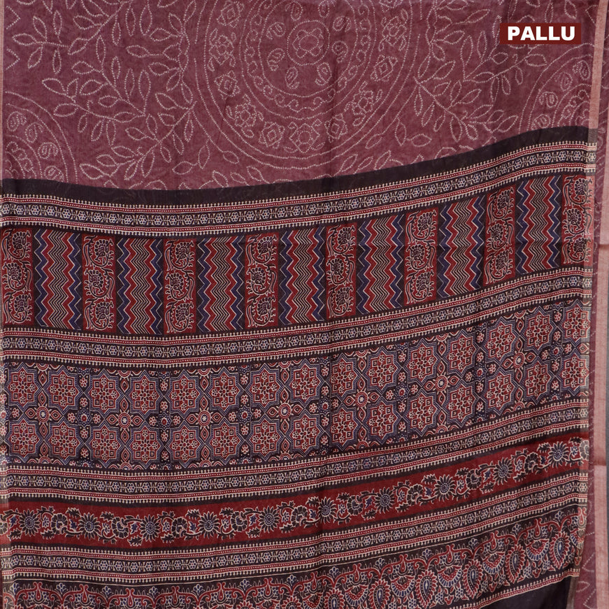 Semi linen saree wine shade and black with allover bandhani prints and ajrakh printed pallu