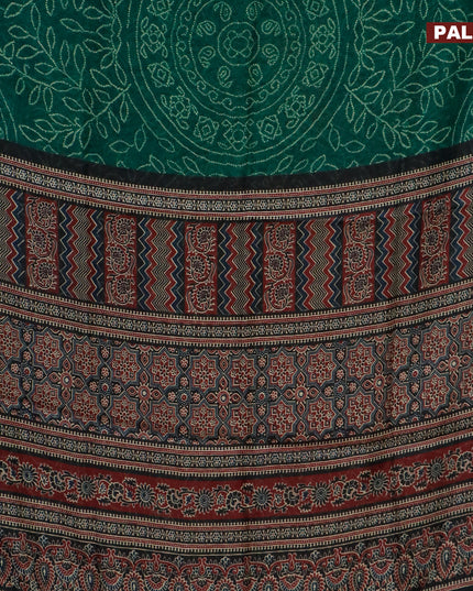 Semi linen saree green and black with allover bandhani prints and ajrakh printed pallu
