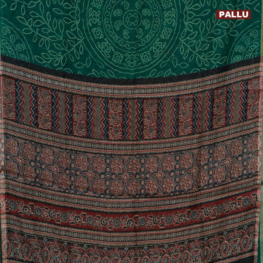 Semi linen saree green and black with allover bandhani prints and ajrakh printed pallu