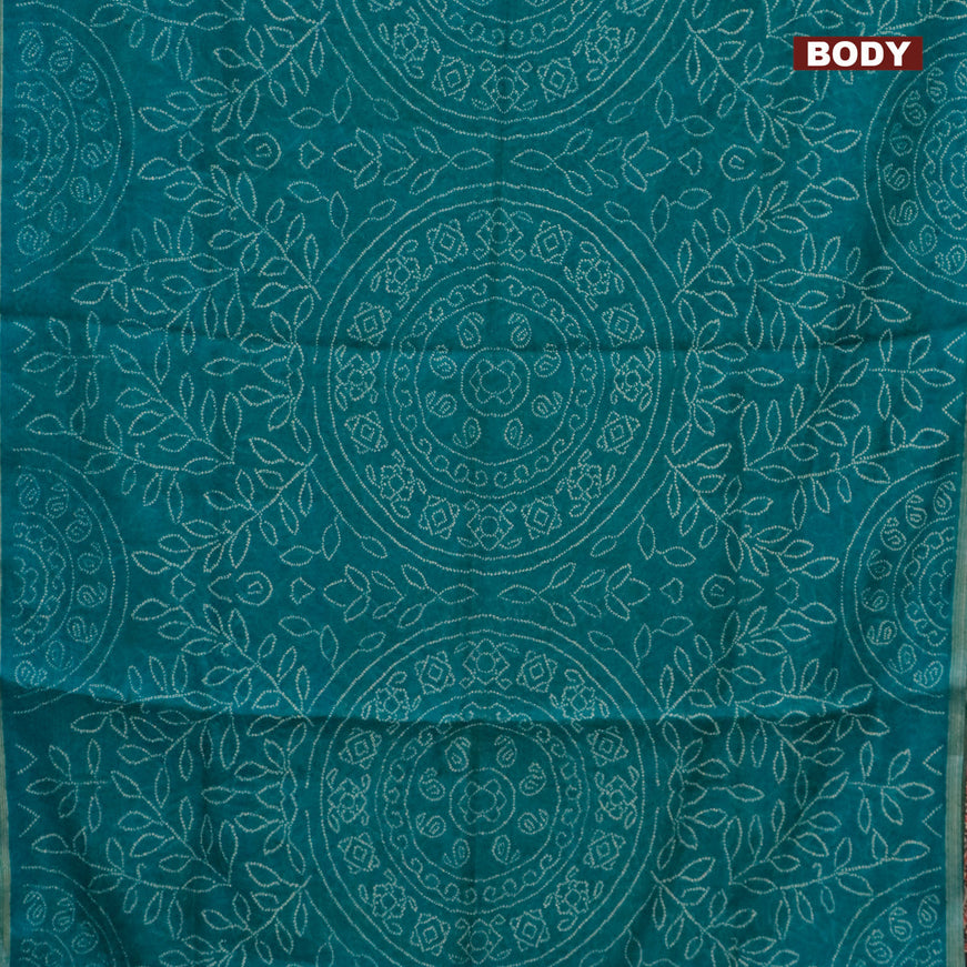 Semi linen saree teal green and black with allover bandhani prints and ajrakh printed pallu