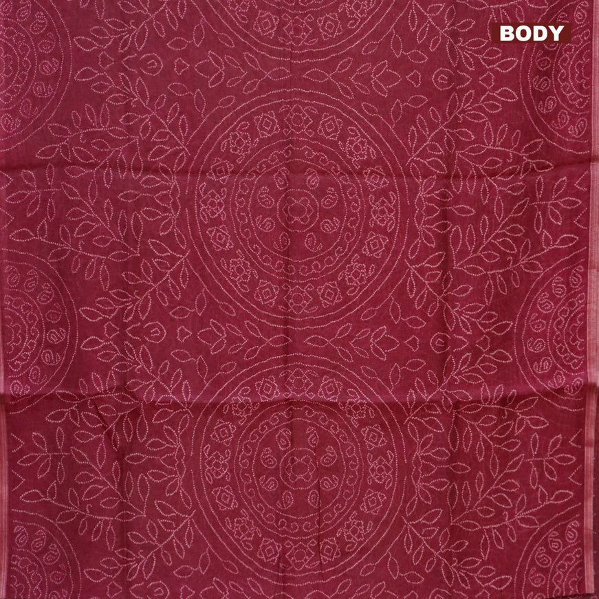 Semi linen saree dark magenta pink and black with allover bandhani prints and ajrakh printed pallu