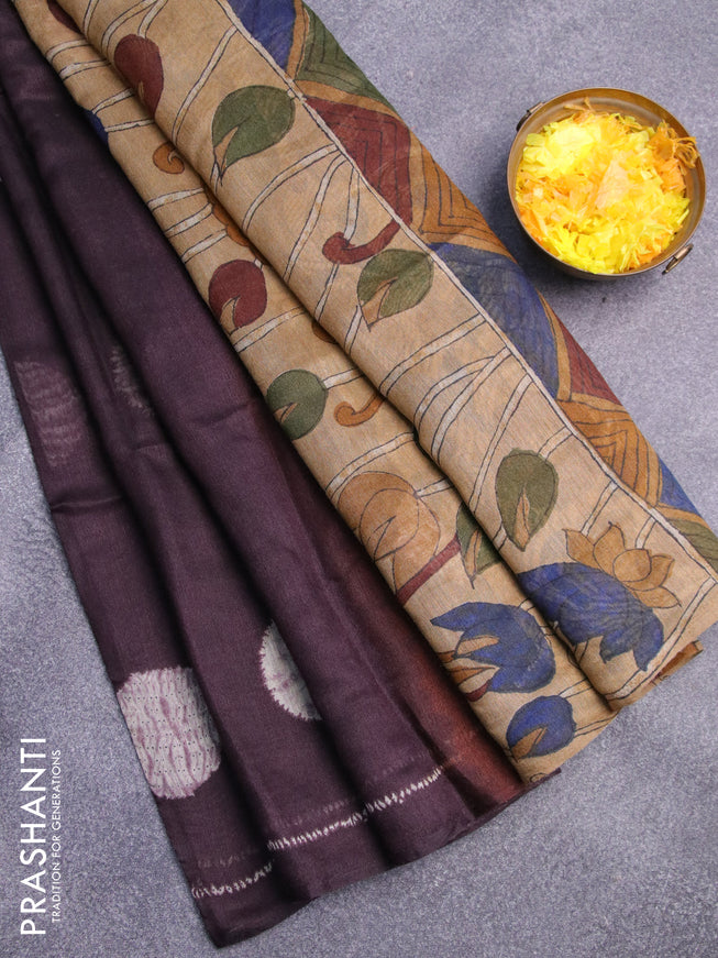 Semi linen saree deep wine shade and sandal with butta prints and pichwai printed pallu