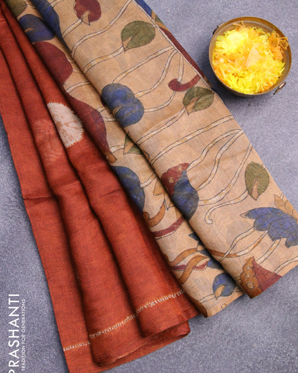 Semi linen saree rust shade and sandal with butta prints and pichwai printed pallu