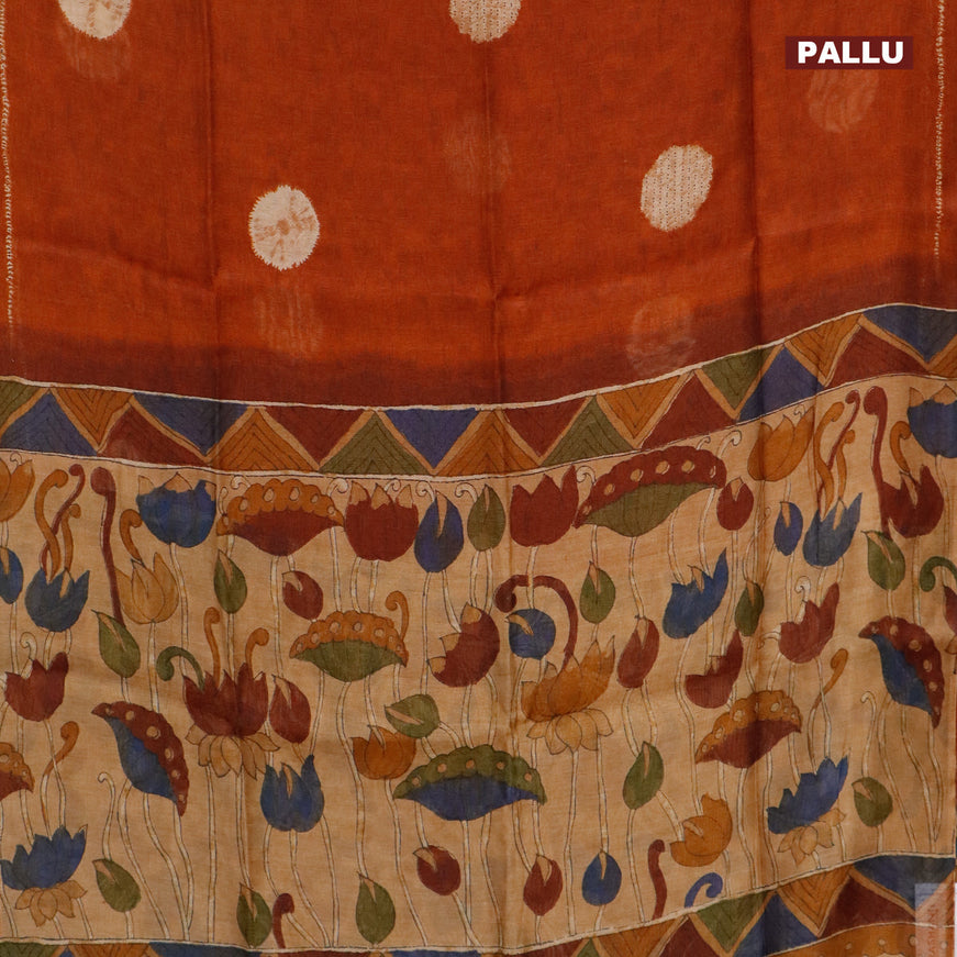 Semi linen saree rust shade and sandal with butta prints and pichwai printed pallu