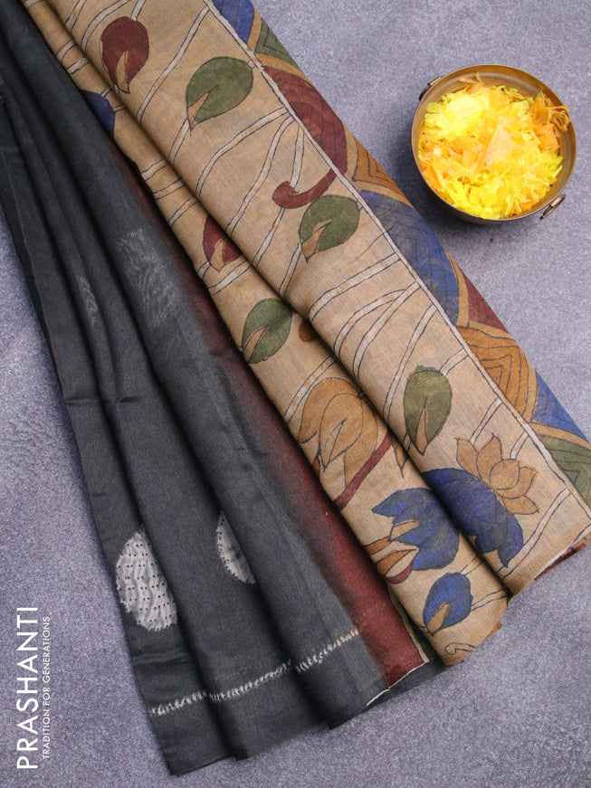 Semi linen saree sap green and sandal with butta prints and pichwai printed pallu
