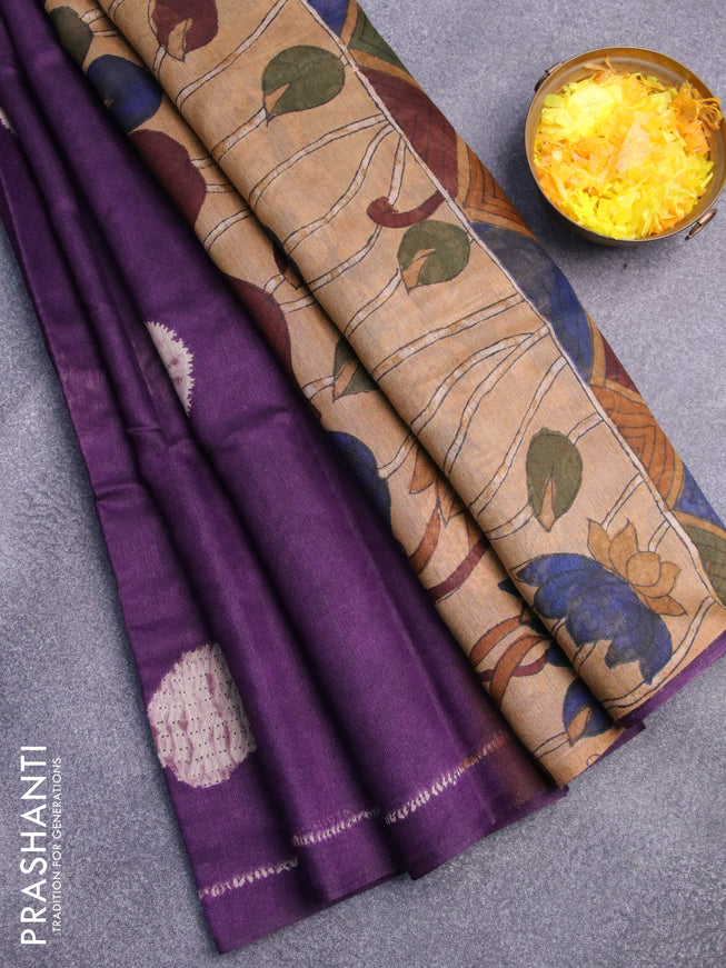 Semi linen saree deep violet and sandal with butta prints and pichwai printed pallu