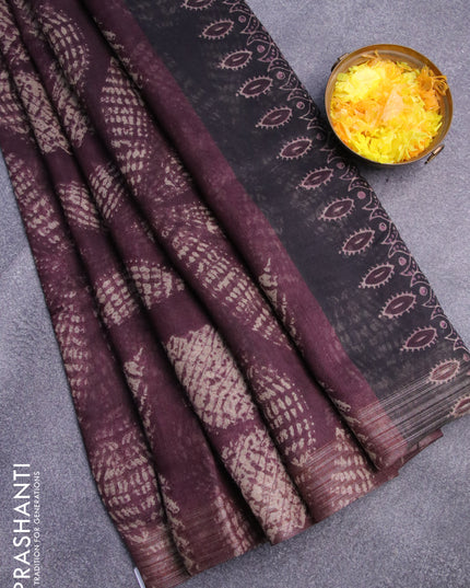 Semi linen saree deep jamun shade and black with allover prints and ajrakh printed pallu