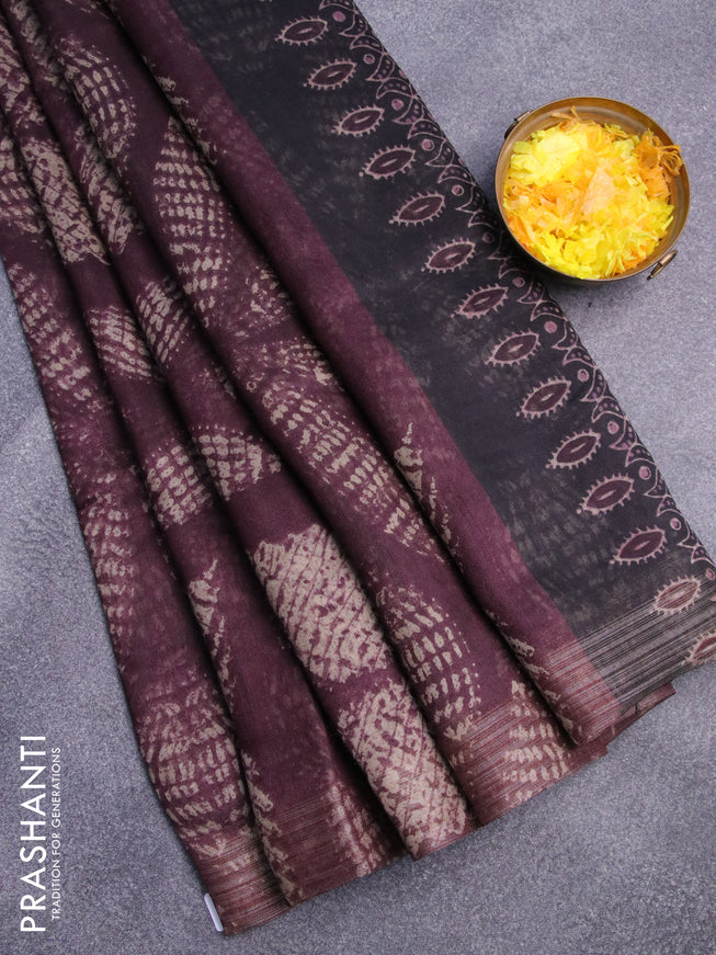 Semi linen saree deep jamun shade and black with allover prints and ajrakh printed pallu