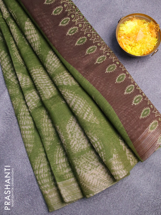 Semi linen saree green and brown with allover prints and ajrakh printed pallu