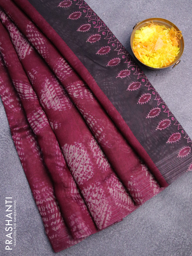 Semi linen saree dark magenta pink and black with allover prints and ajrakh printed pallu