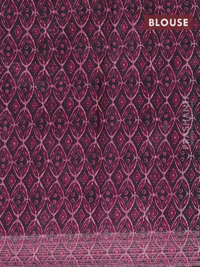 Semi linen saree dark magenta pink and black with allover prints and ajrakh printed pallu